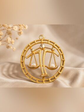 Vintage Libra Scales Large Pendant Gold Tone w Pearls • Zodiac Balance Statement